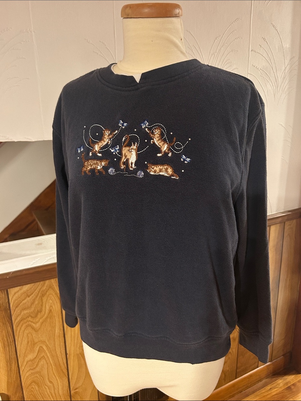 Navy Embroidered Cat Crewneck Sweater
